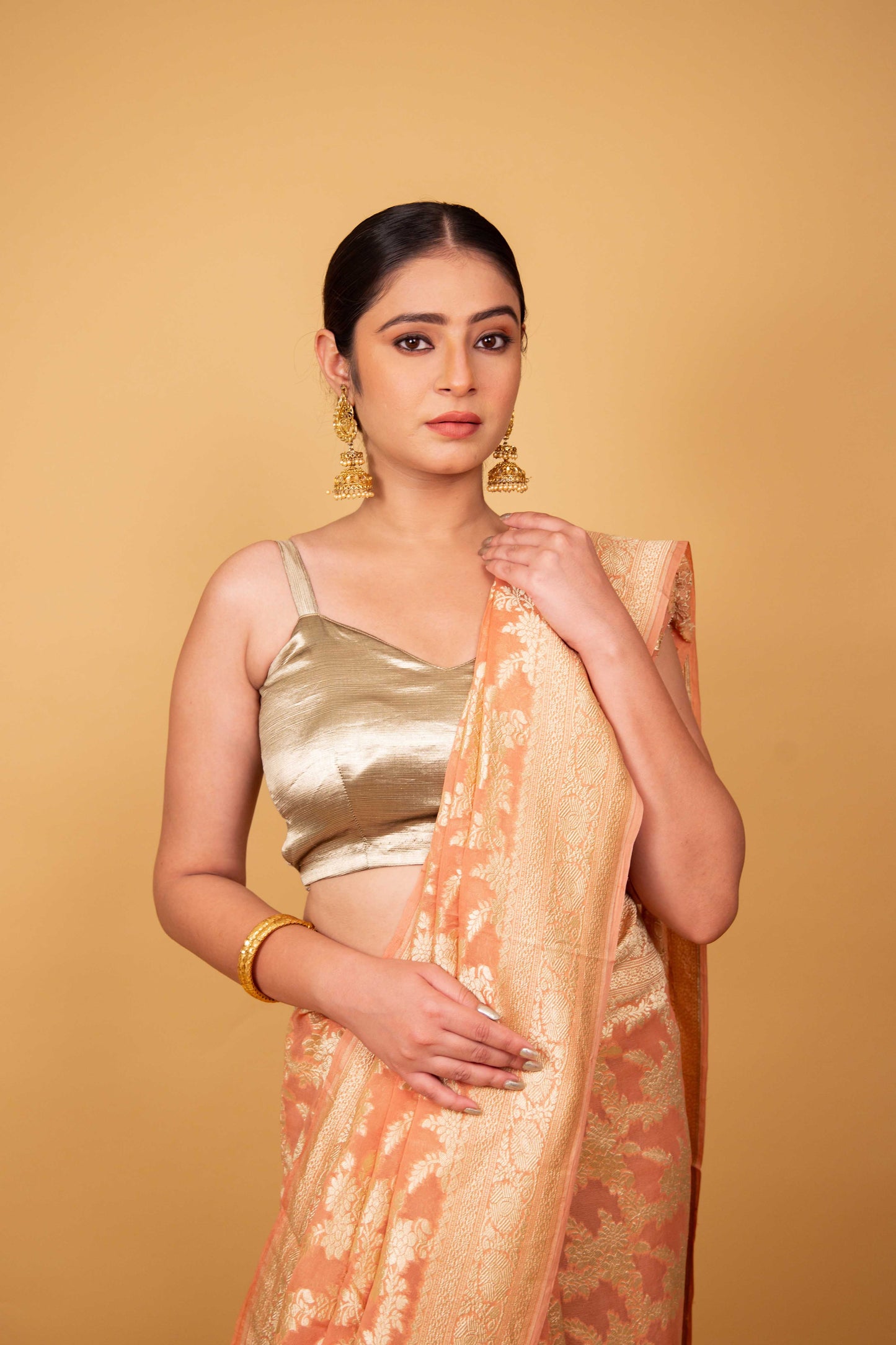 Peach Handwoven Khaddi Banarasi Georgette Silk Saree