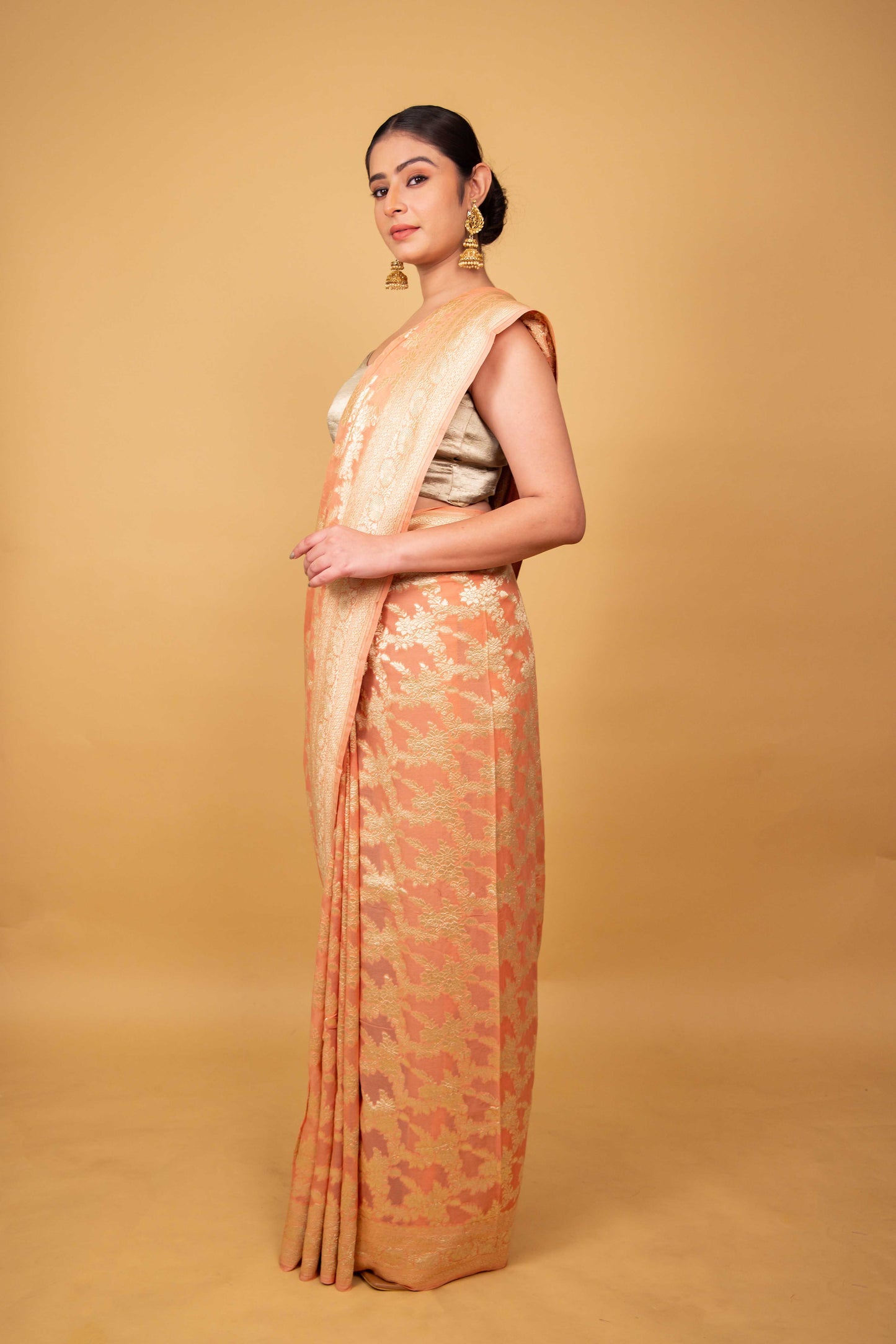 Peach Handwoven Khaddi Banarasi Georgette Silk Saree