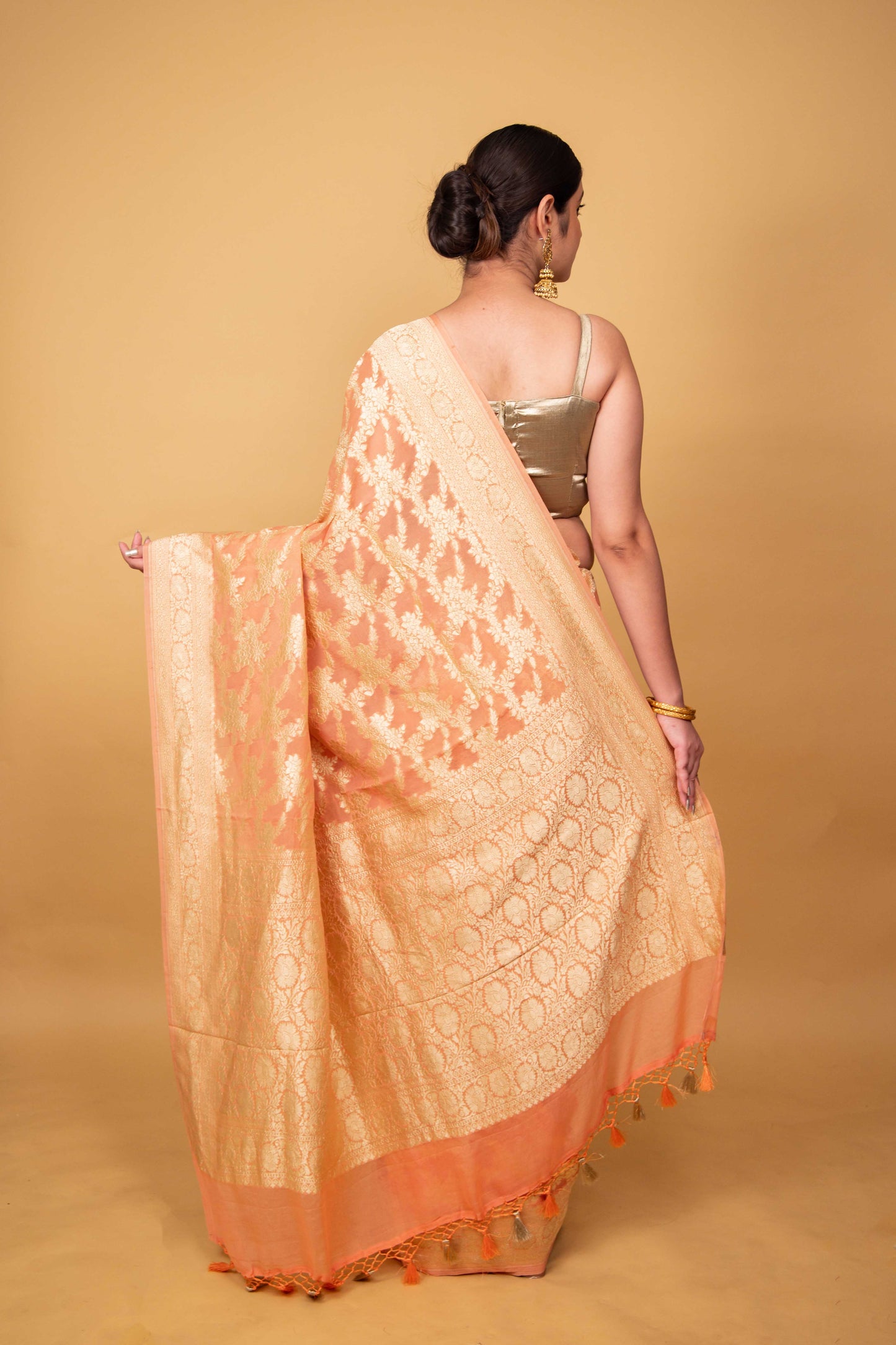 Peach Handwoven Khaddi Banarasi Georgette Silk Saree