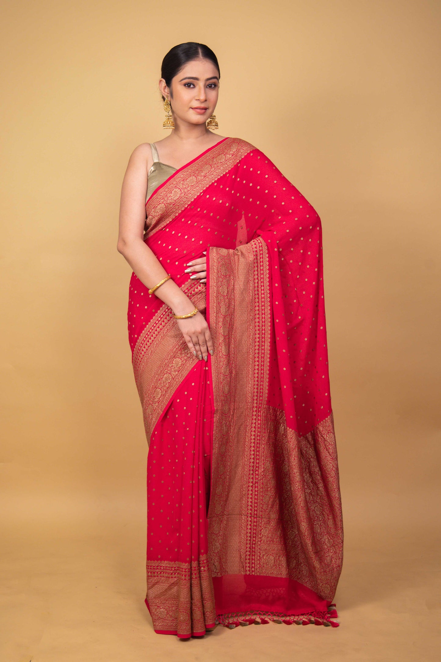 Cherry Red Khaddi Banarasi Georgette Silk Saree