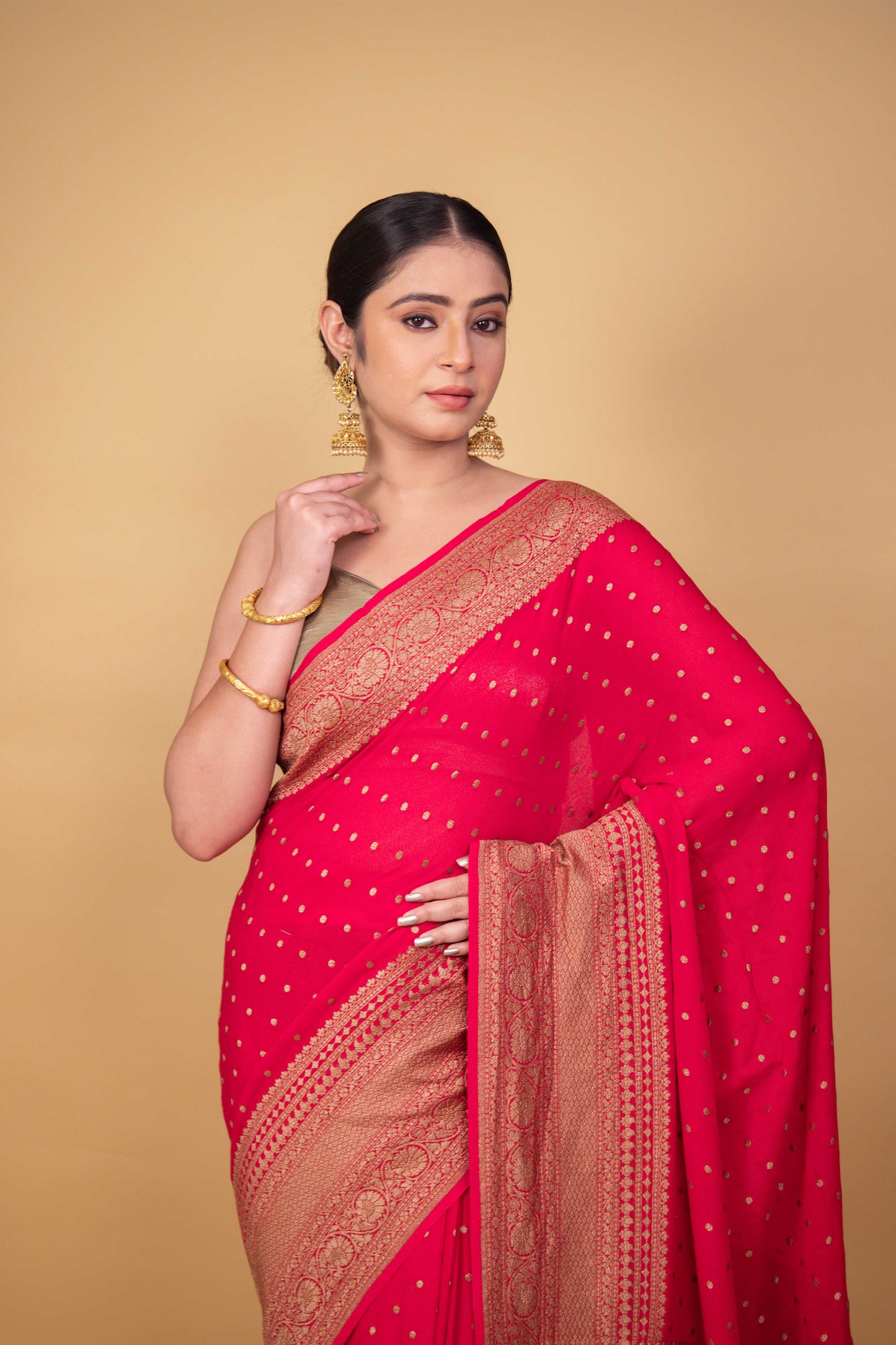 Cherry Red Khaddi Banarasi Georgette Silk Saree