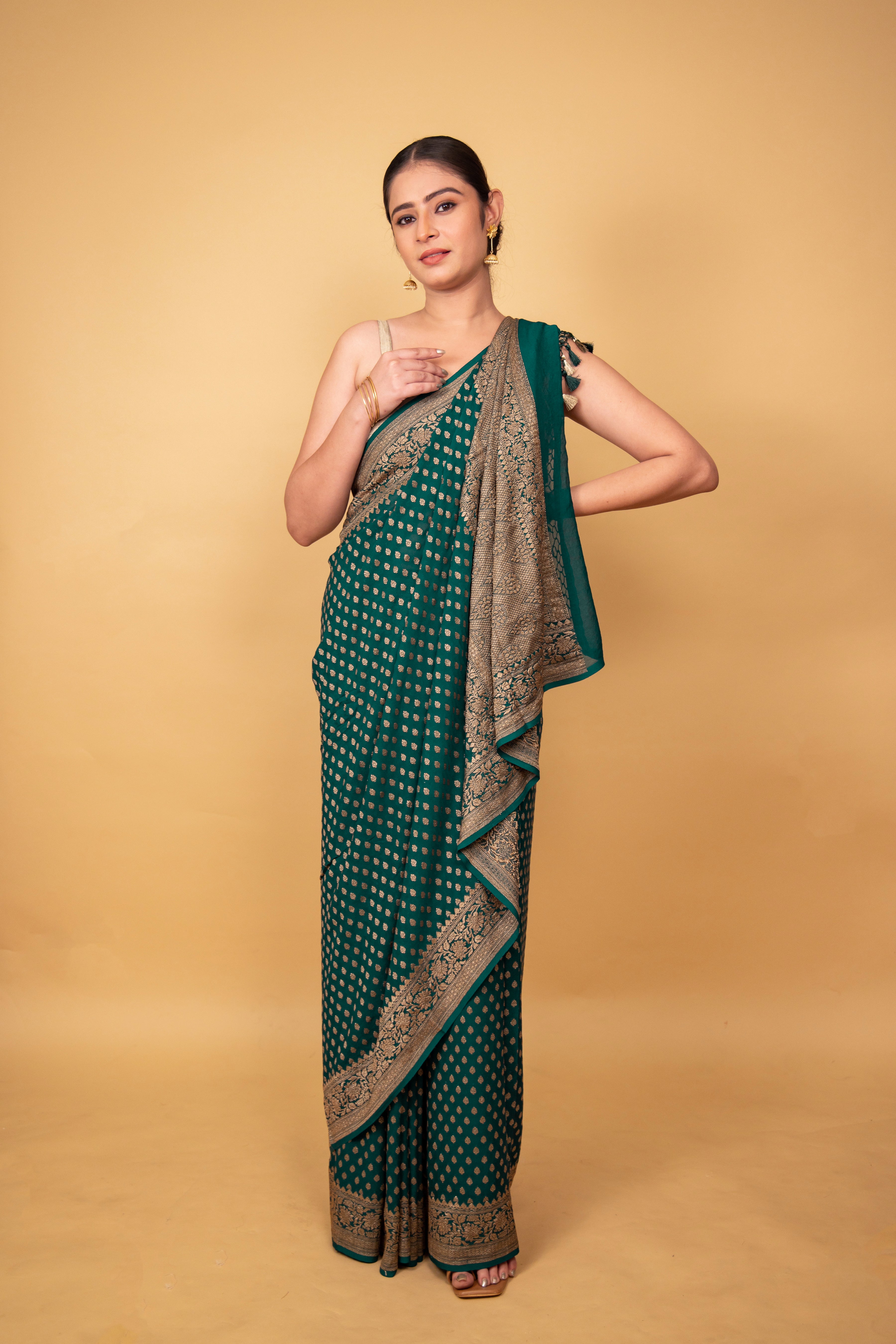 Bottle Green Khaddi Banarasi Georgette Silk Saree