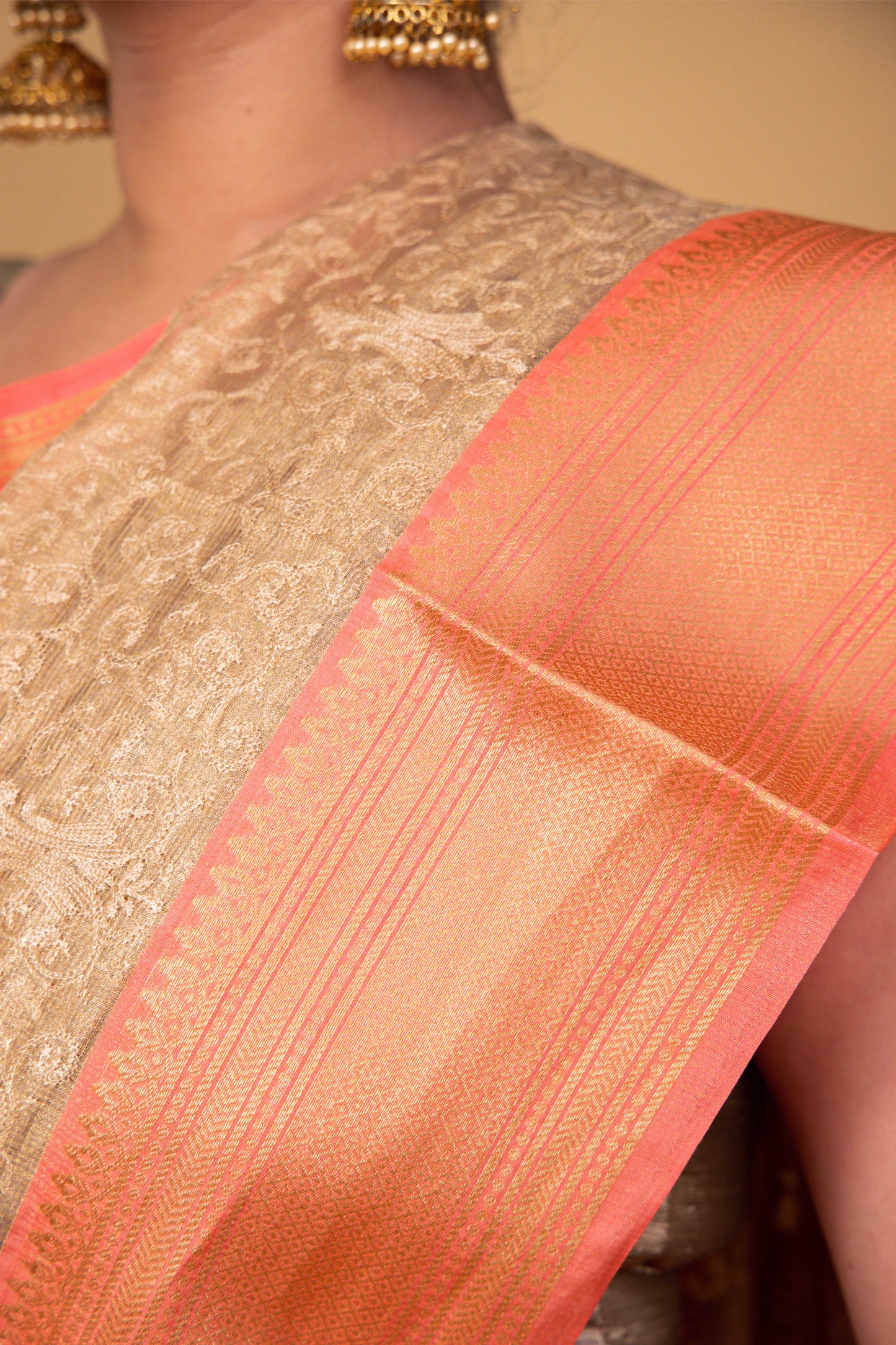 Peach & Beige  Embroidered Tissue Banarasi Silk Saree