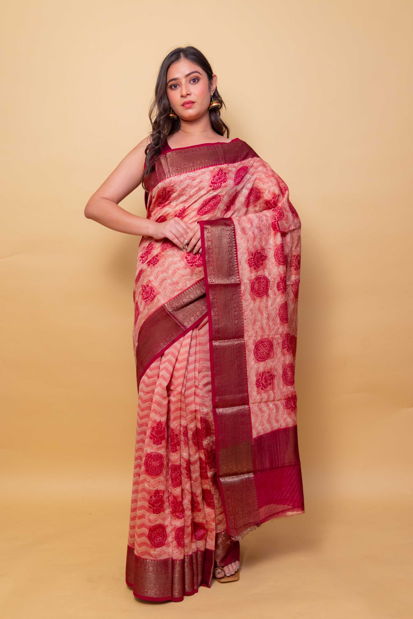 Pink & Beige Embroidered Chanderi Silk Saree