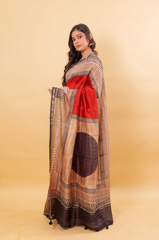 Red Printed & Katha Work Chanderi Silk Saree