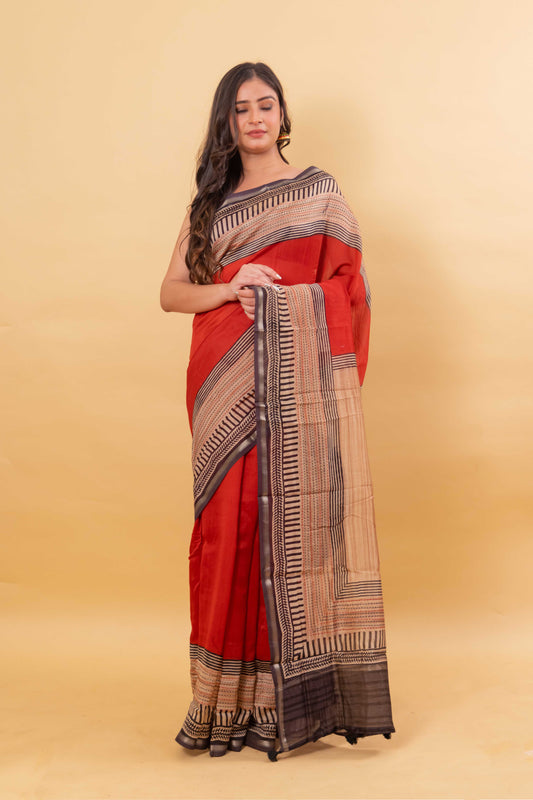 Red Printed & Katha Work Chanderi Silk Saree