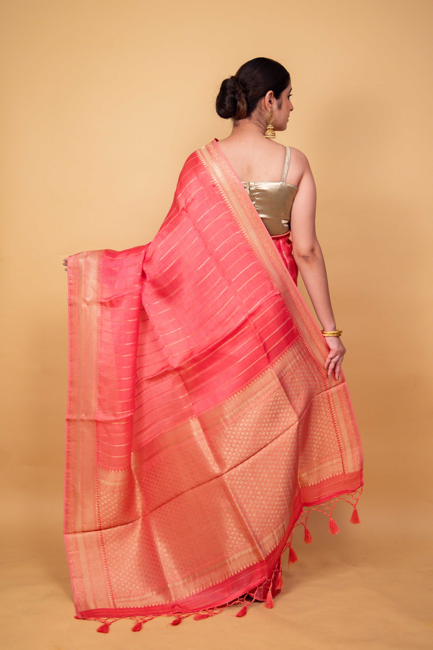 Peachy Pink Organza Satin Fancy Banarasi Saree