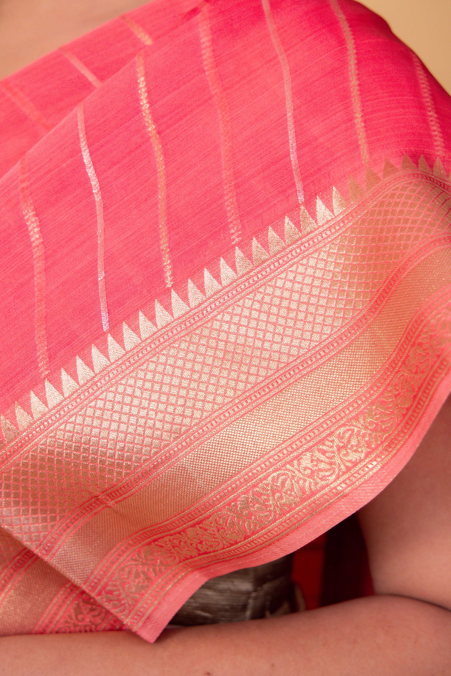 Peachy Pink Organza Satin Fancy Banarasi Saree