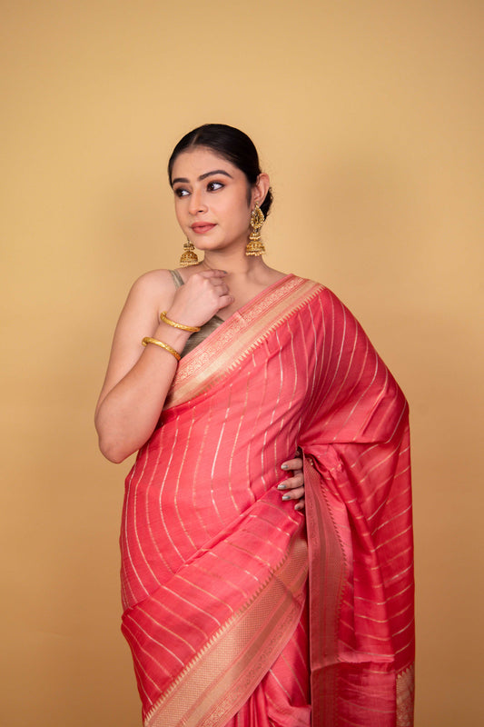 Peachy Pink Organza Satin Fancy Banarasi Saree