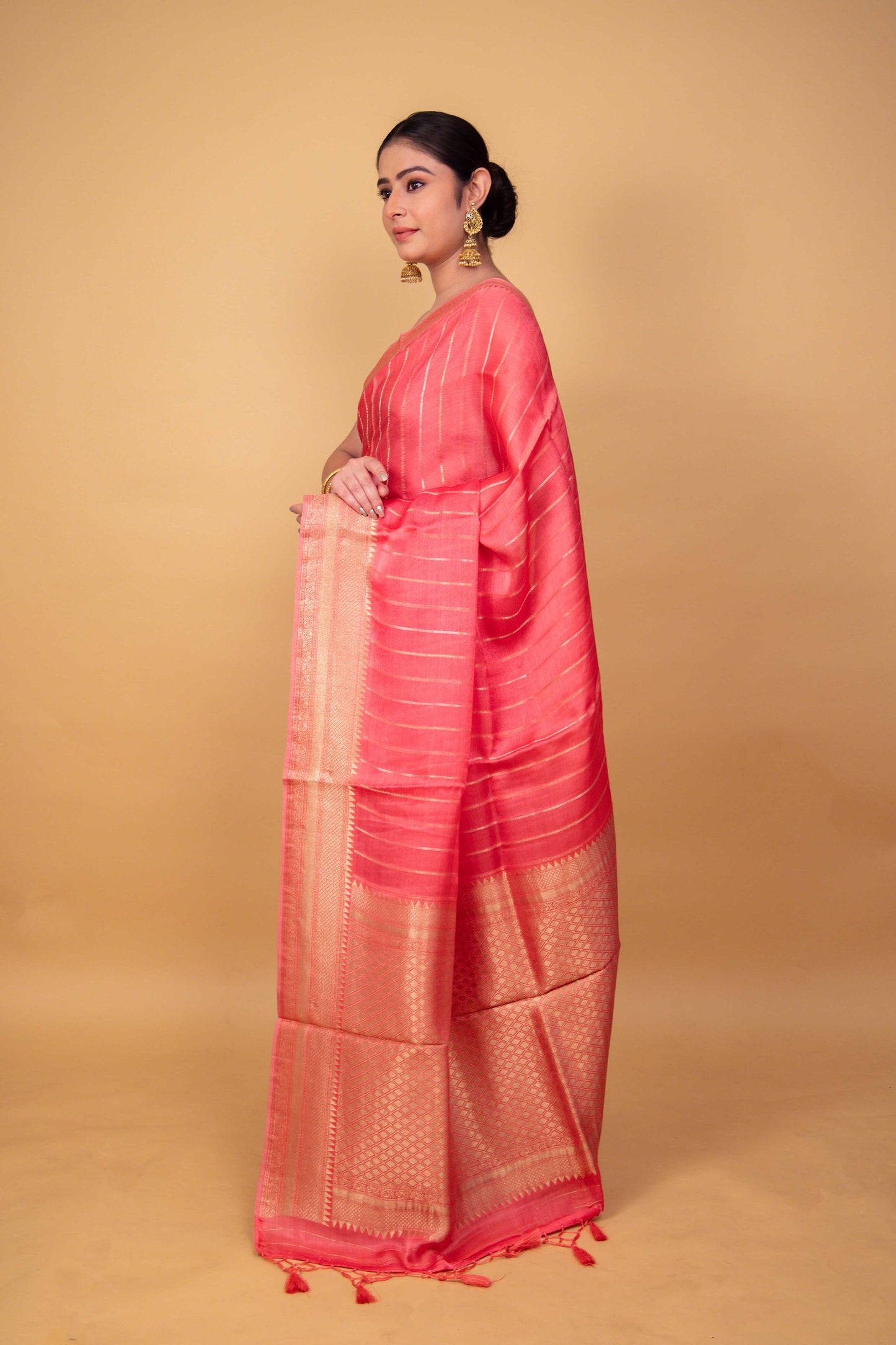 Peachy Pink Organza Satin Fancy Banarasi Saree