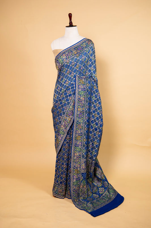 Royal Blue Floral Bandhani Georgette Silk Saree
