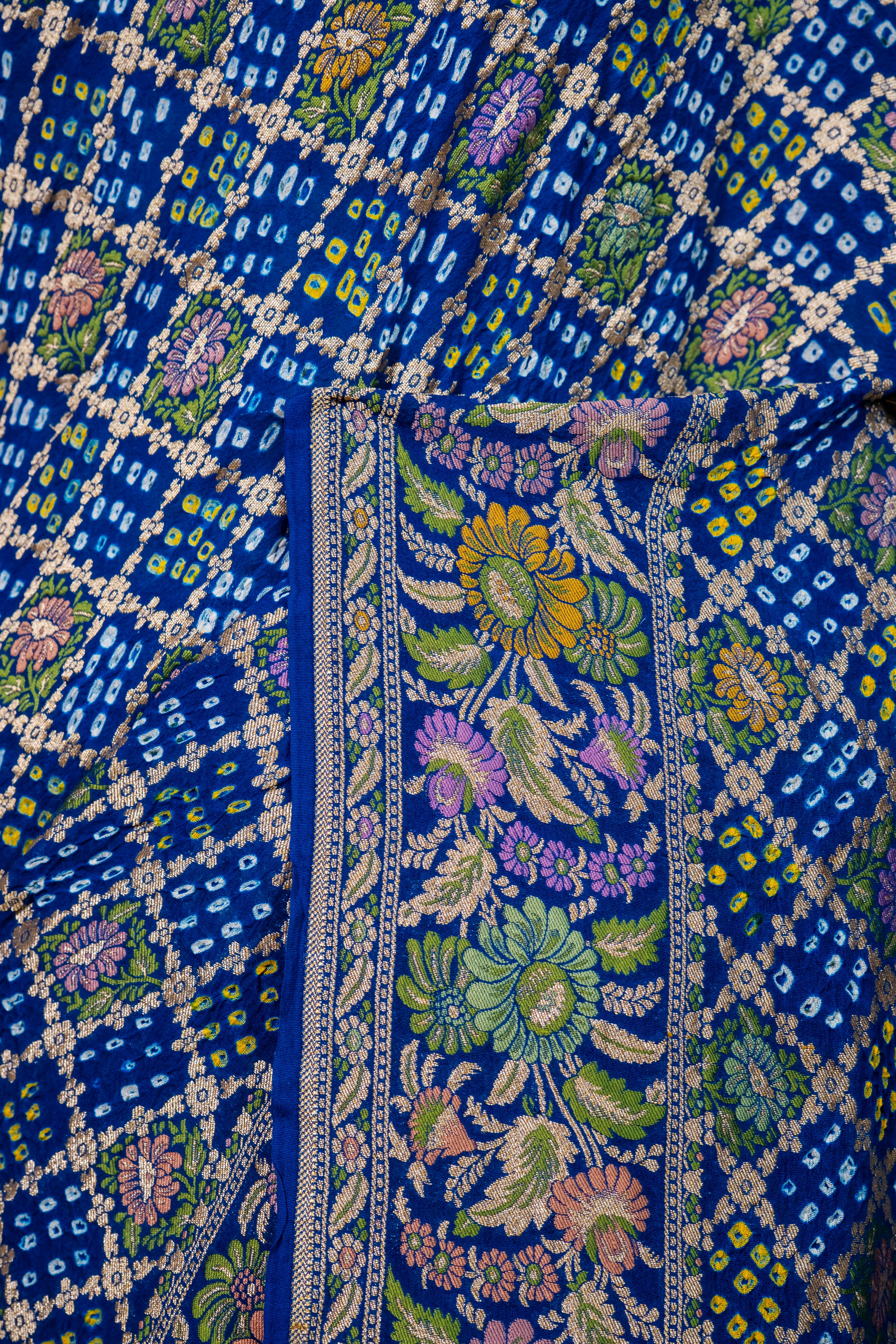 Royal Blue Floral Bandhani Georgette Silk Saree