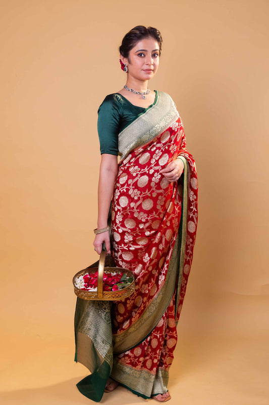 Red & Green Floral Khaddi Georgette Silk Saree