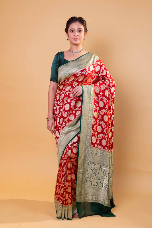 Red & Green Floral Khaddi Georgette Silk Saree