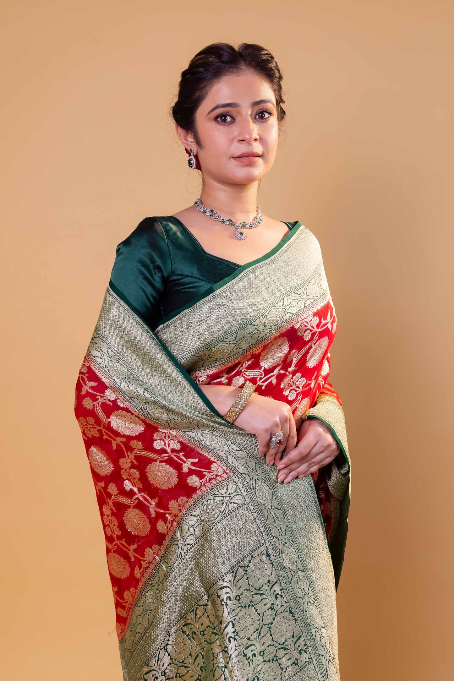 Red & Green Floral Khaddi Georgette Silk Saree