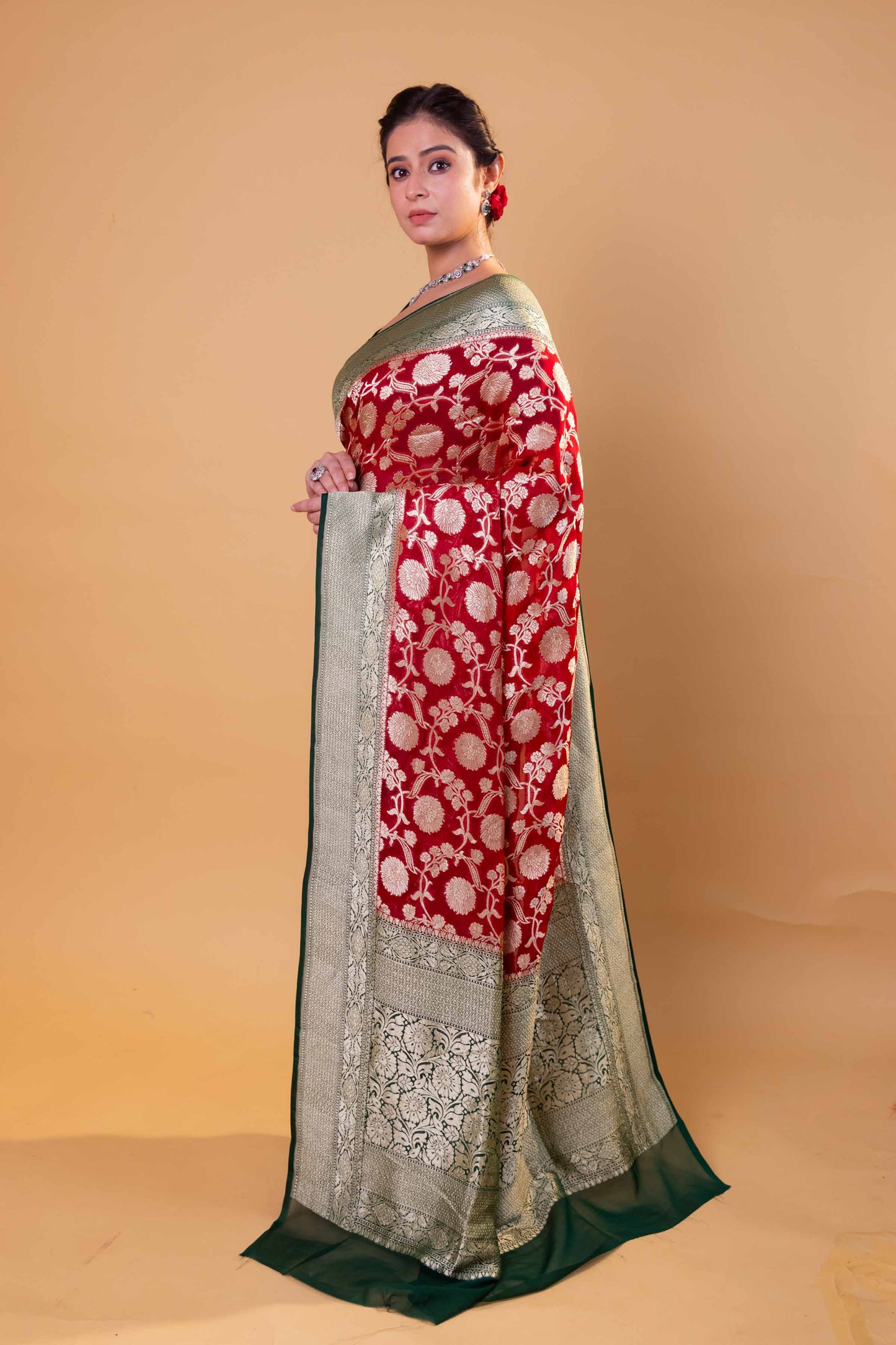 Red & Green Floral Khaddi Georgette Silk Saree