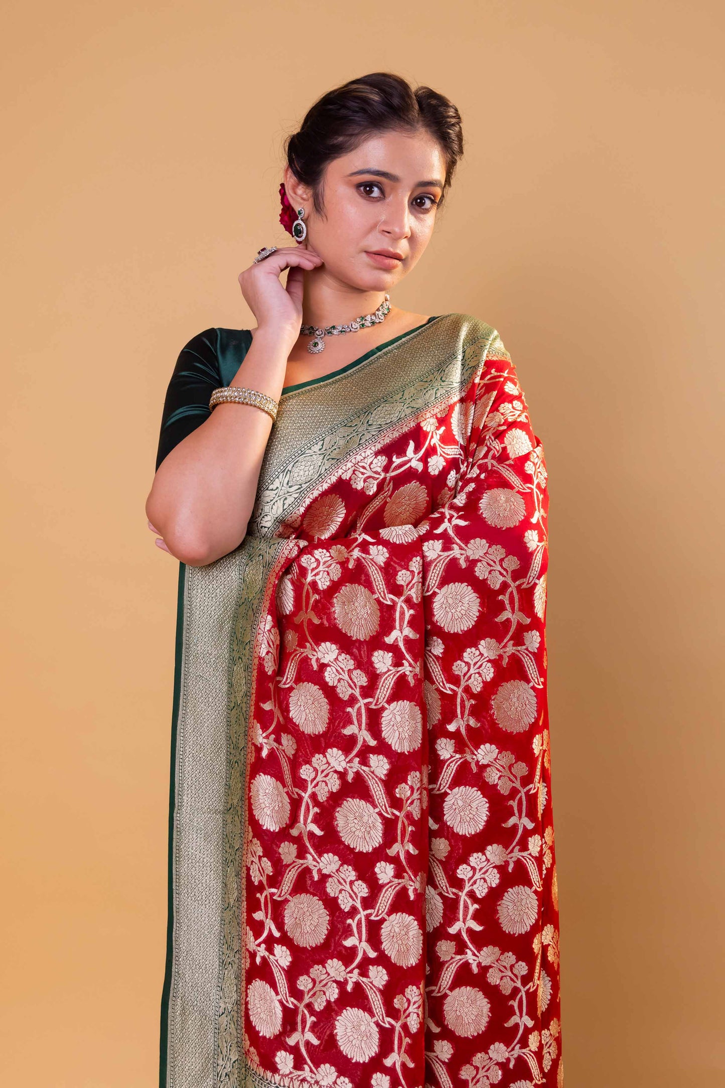 Red & Green Floral Khaddi Georgette Silk Saree