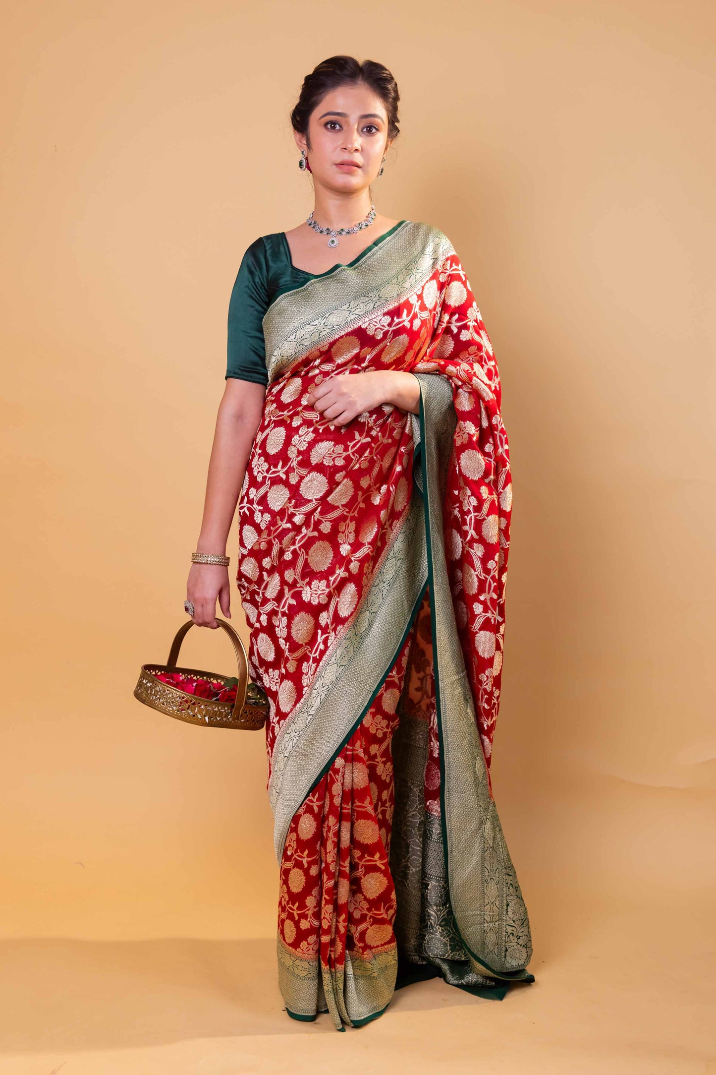 Red & Green Floral Khaddi Georgette Silk Saree