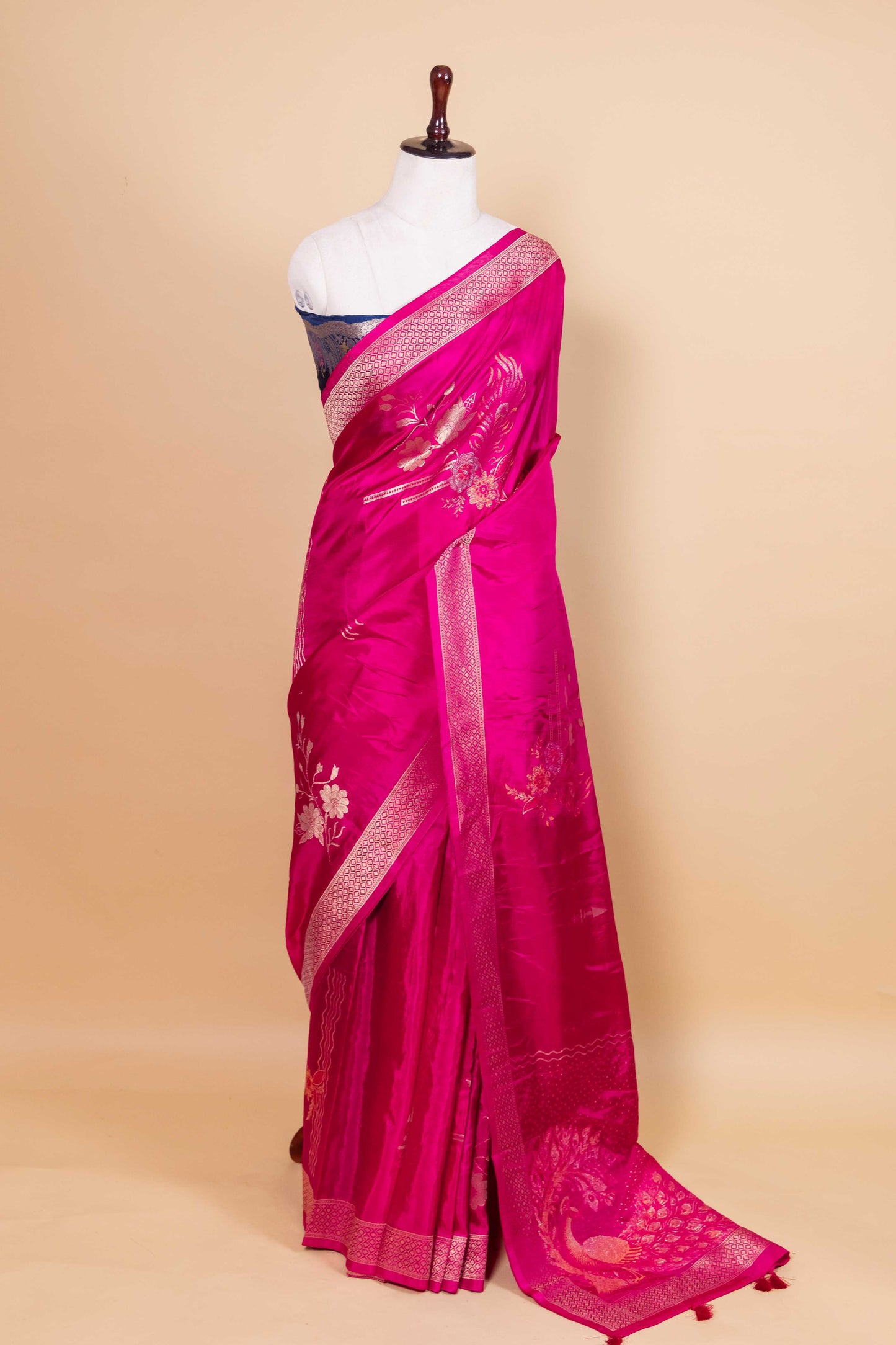 Rani Pink Zari Woven Russain Silk Saree