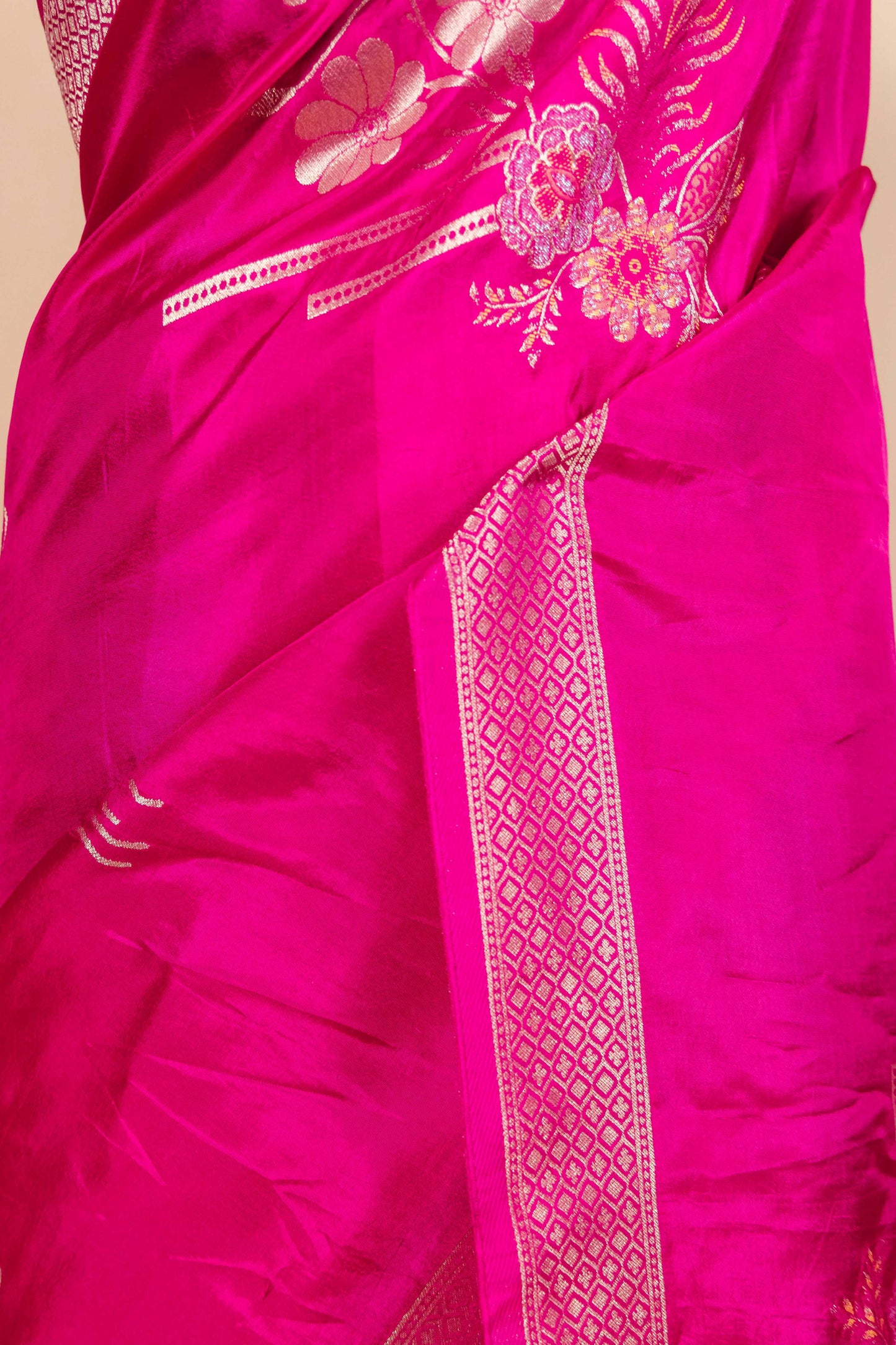 Rani Pink Zari Woven Russain Silk Saree