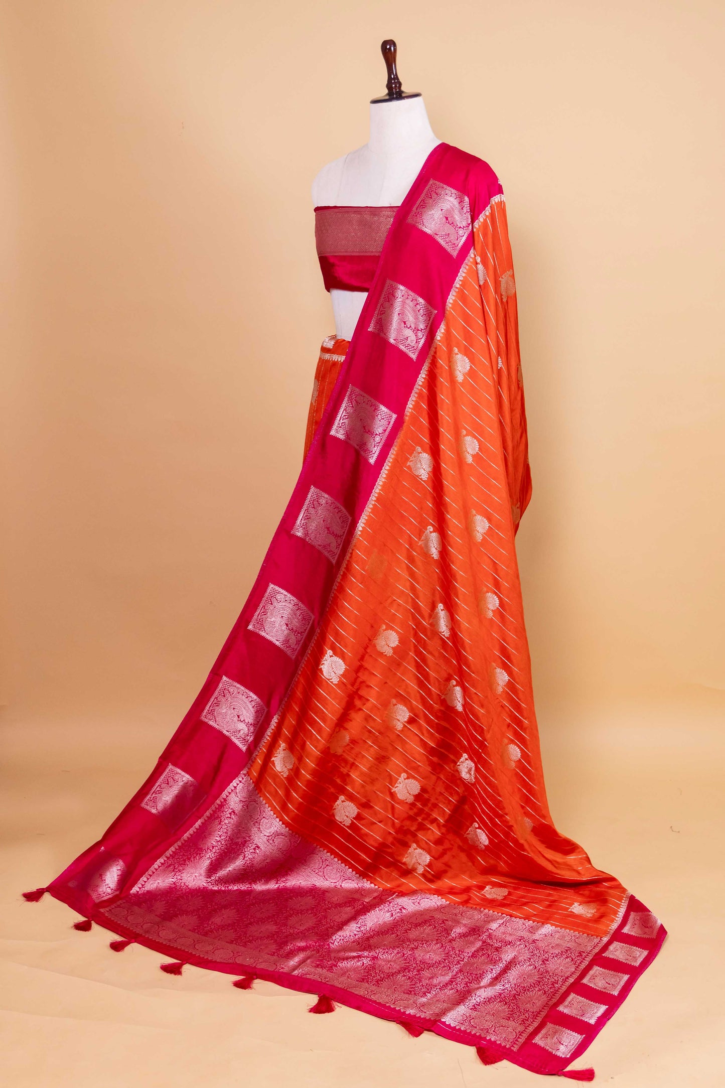 Orange and Rani Russian Silk Saree
