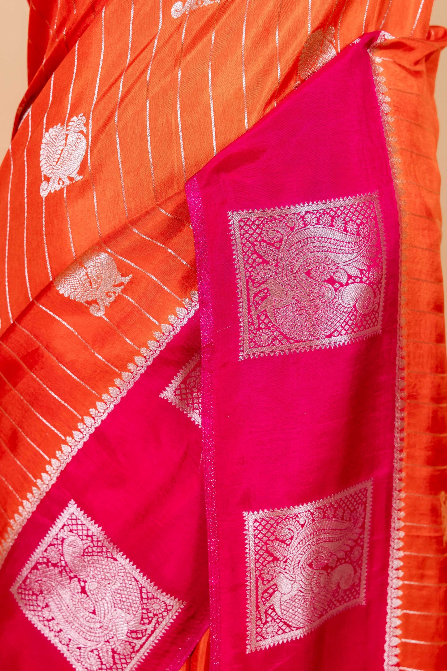 Orange and Rani Russian Silk Saree