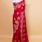 Ruby Red Floral Russian Silk Saree