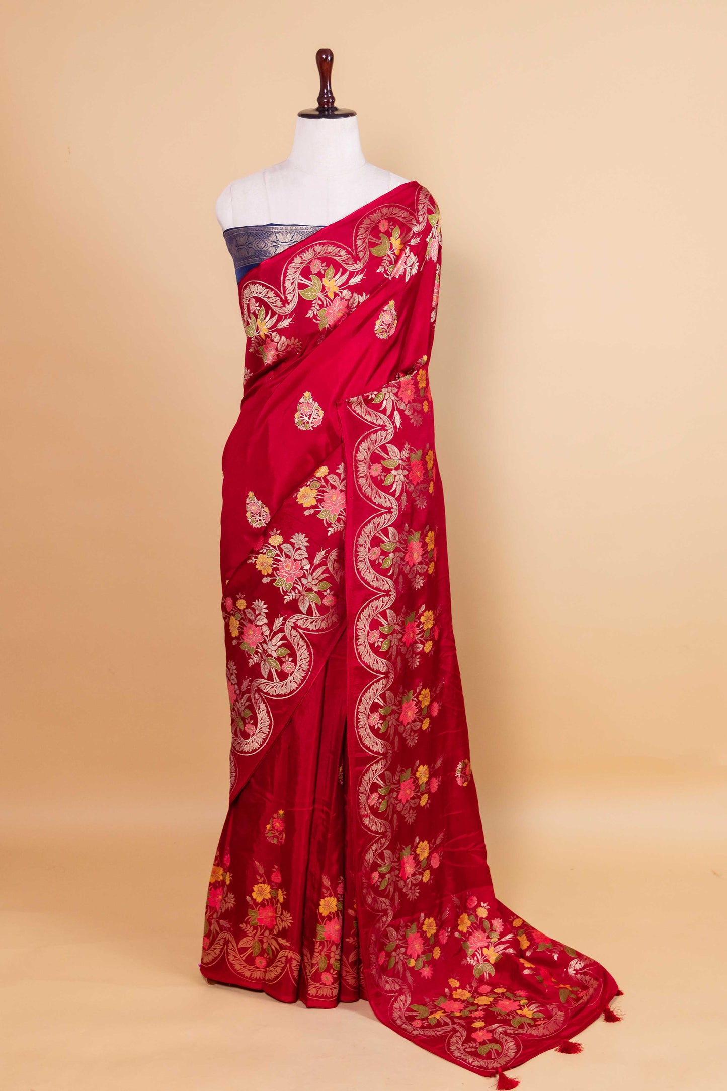 Ruby Red Floral Russian Silk Saree