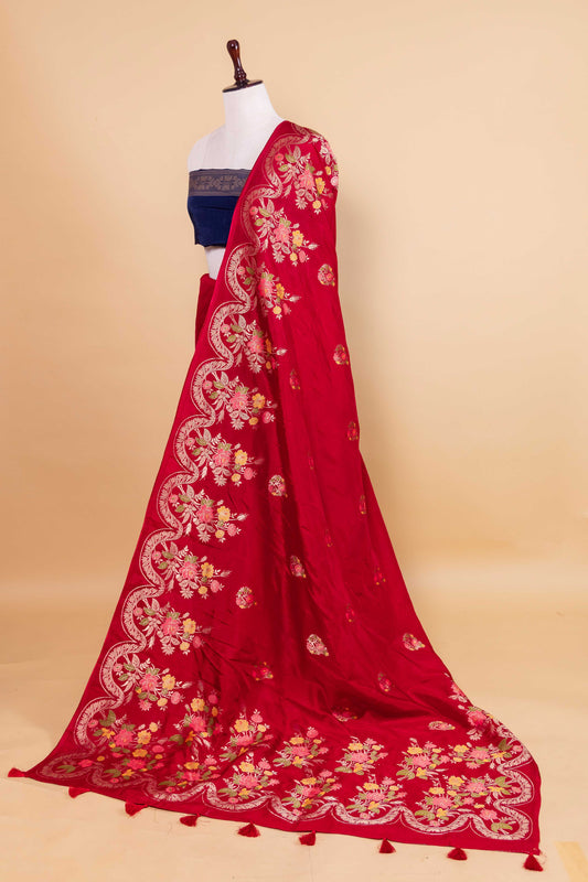 Ruby Red Floral Russian Silk Saree