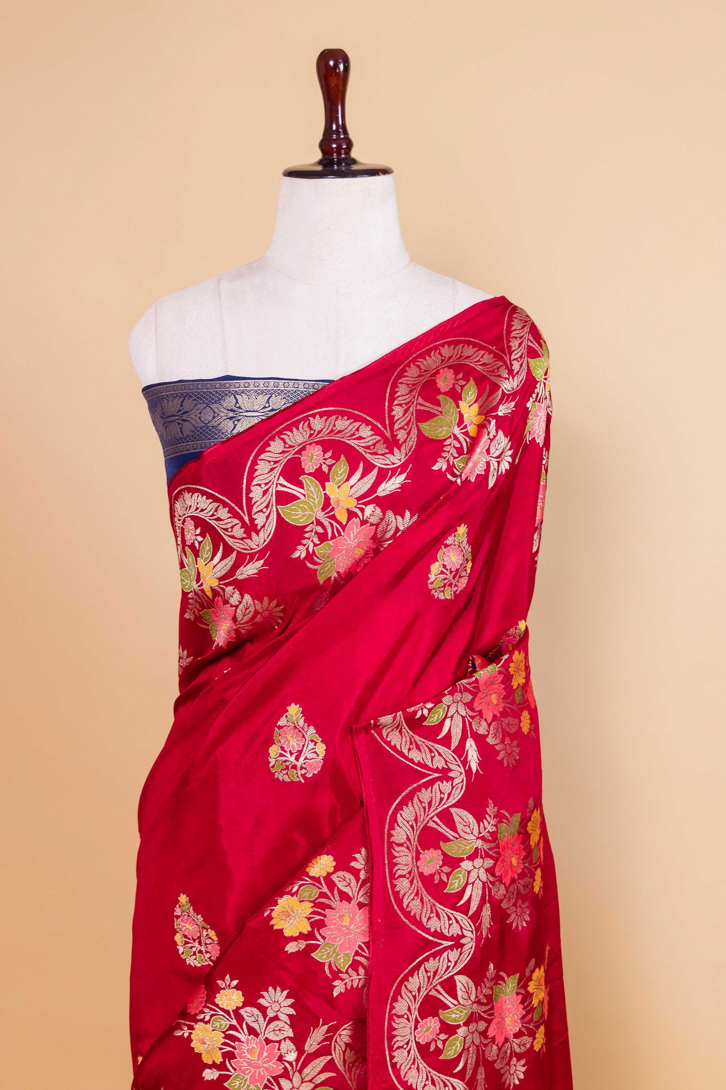 Ruby Red Floral Russian Silk Saree