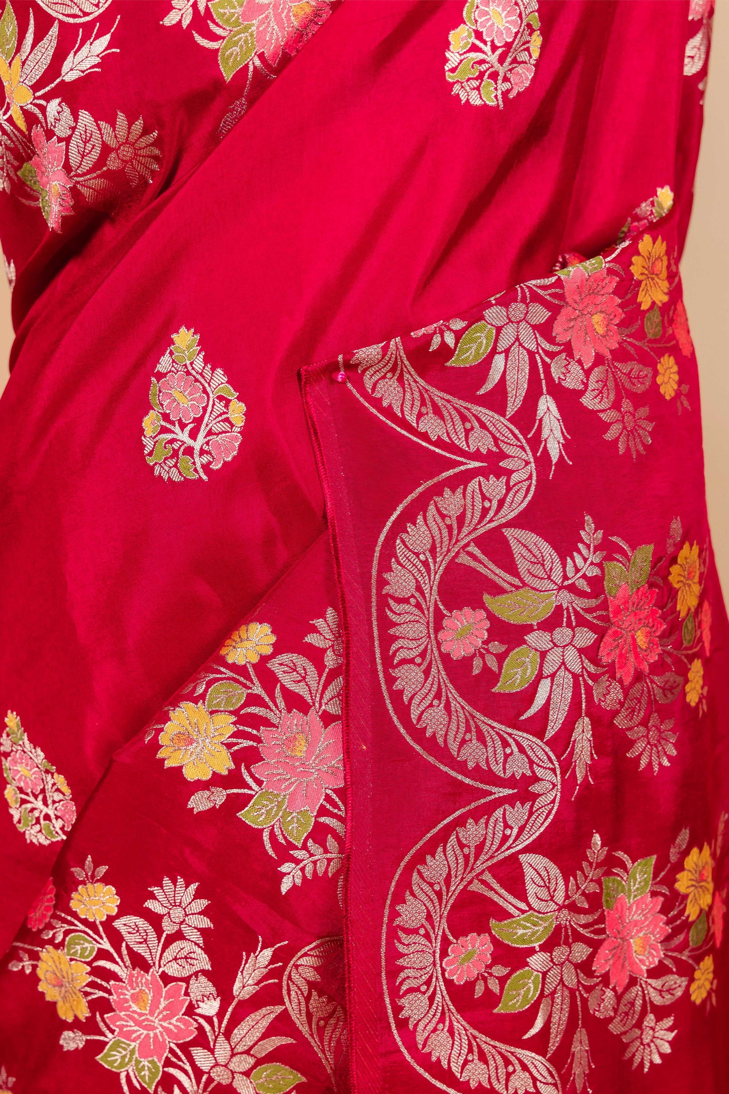 Ruby Red Floral Russian Silk Saree