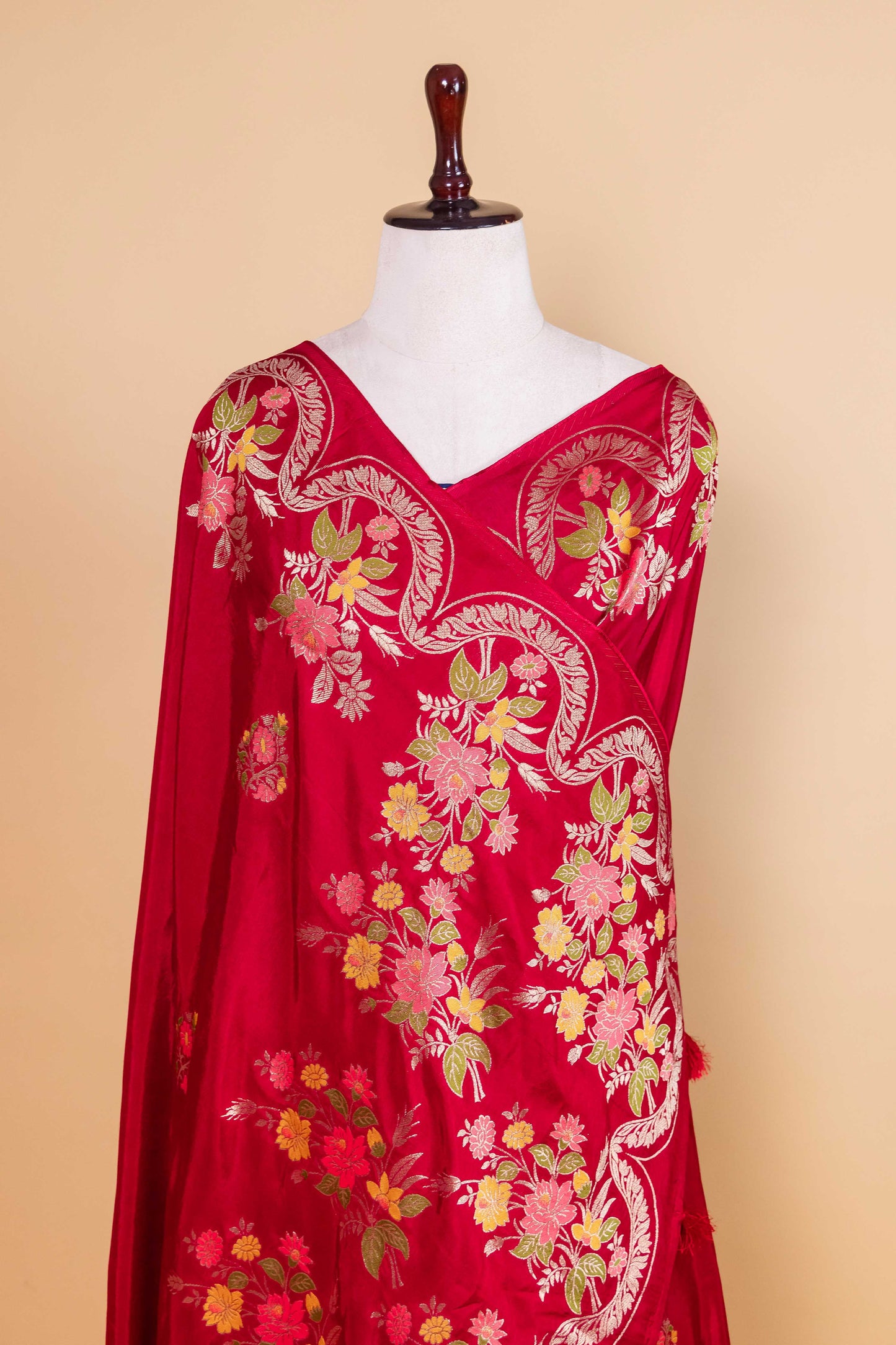 Ruby Red Floral Russian Silk Saree