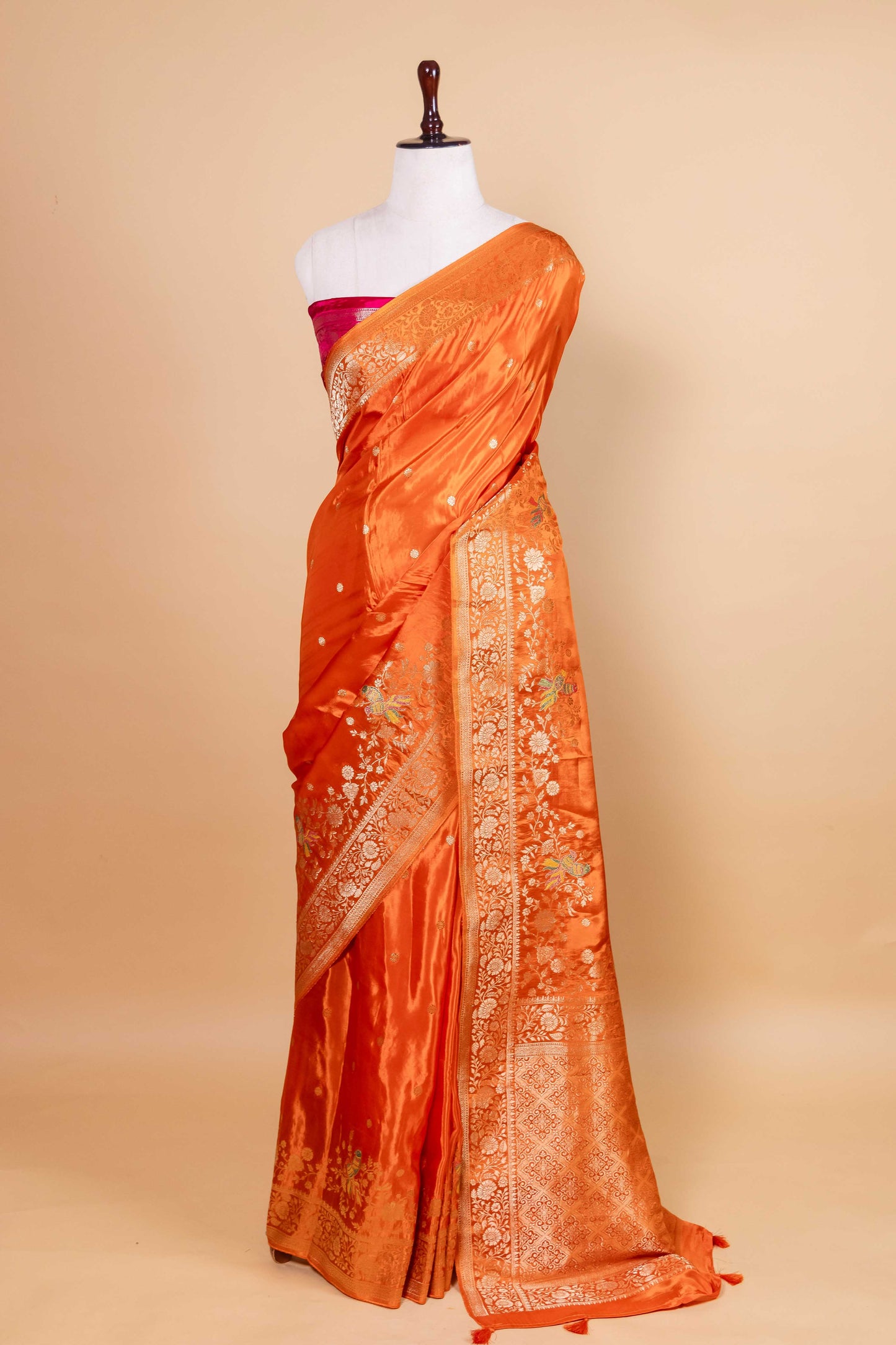 Saffron Bird Motif Fancy Silk Saree