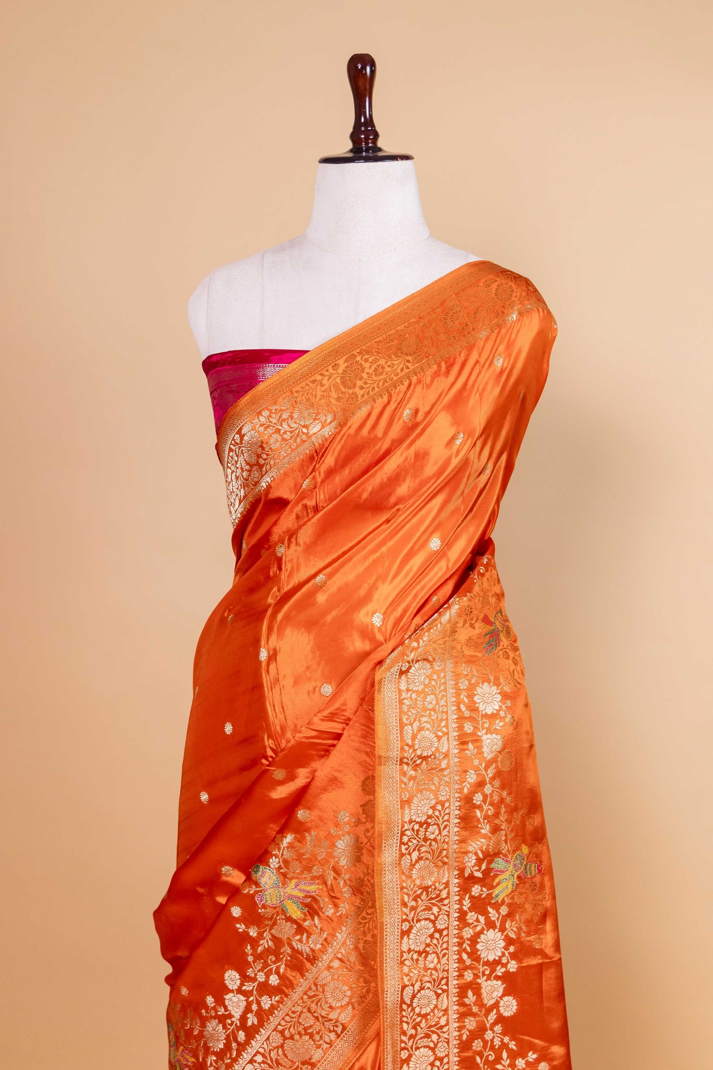 Saffron Bird Motif Fancy Silk Saree