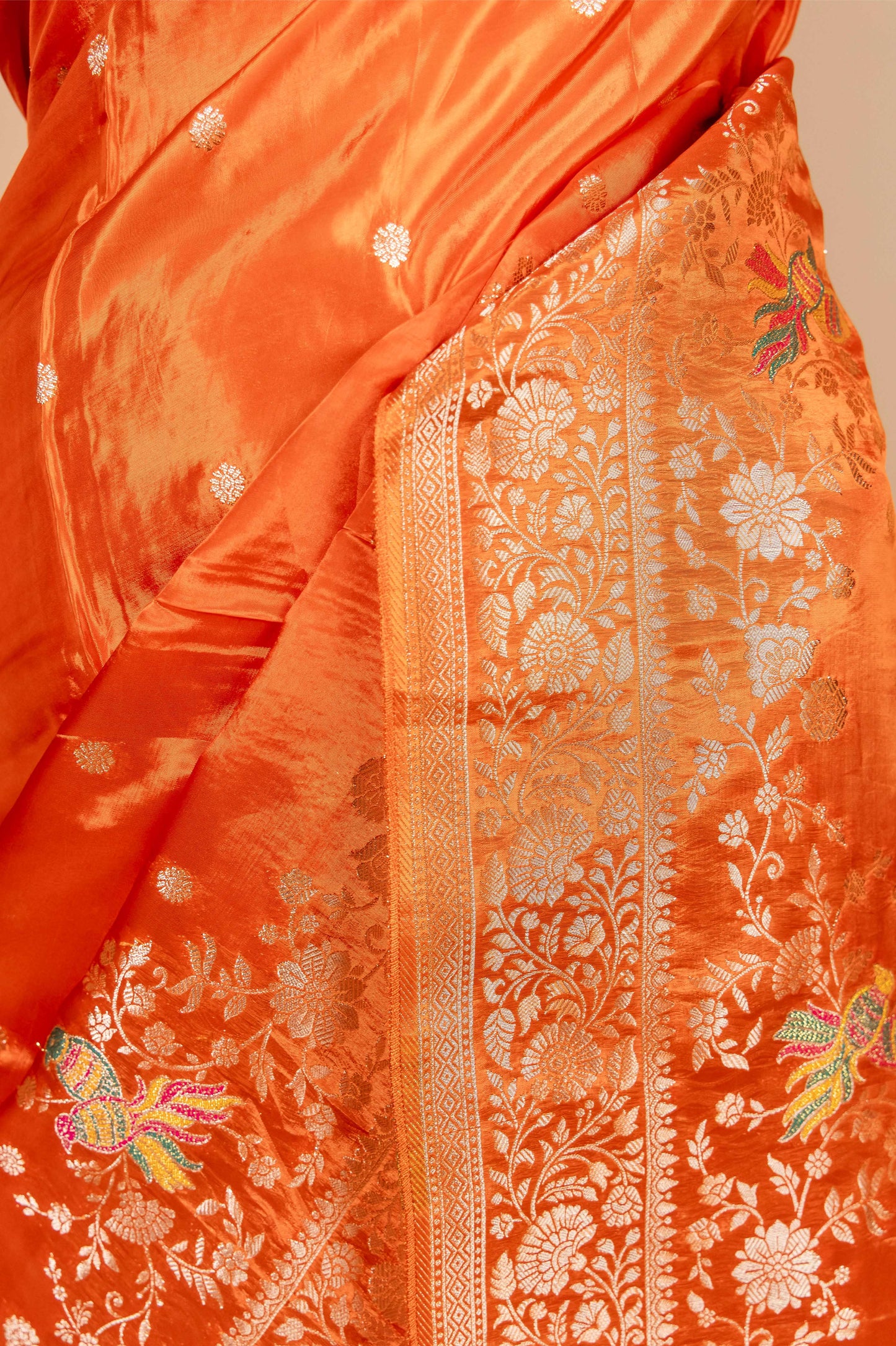 Saffron Bird Motif Fancy Silk Saree