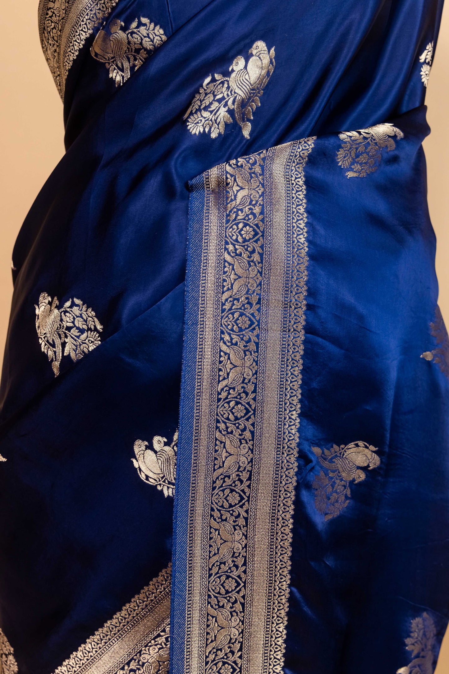 Navy Bird Weaving Satin Silk Saree