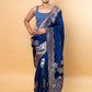 German Blue Floral Weaving Silk Saree