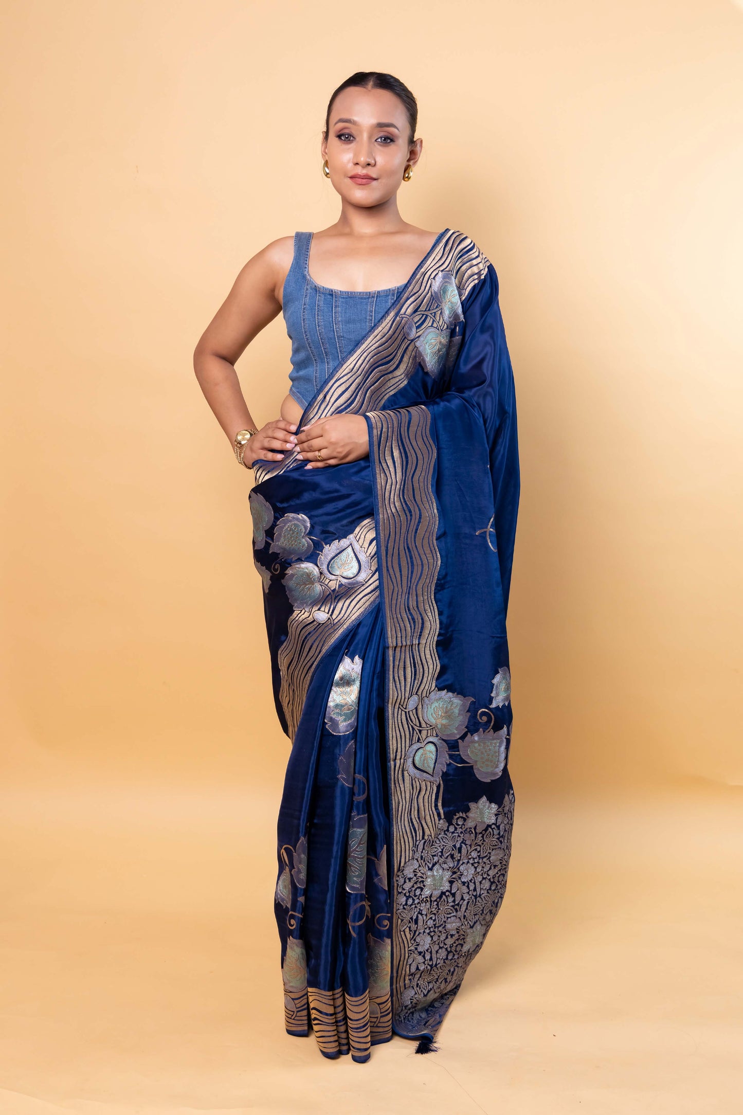 German Blue Floral Weaving Silk Saree