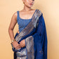 German Blue Floral Weaving Silk Saree