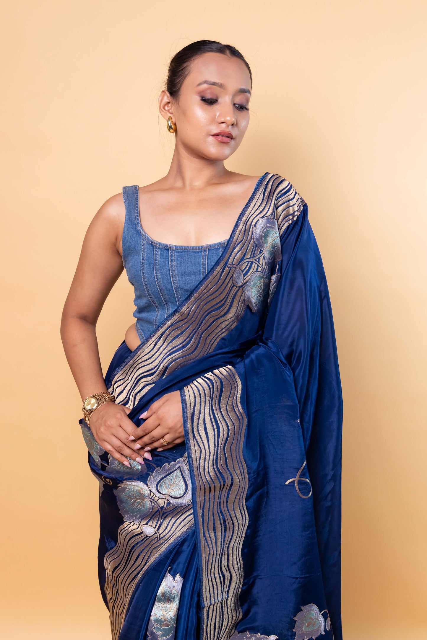 German Blue Floral Weaving Silk Saree