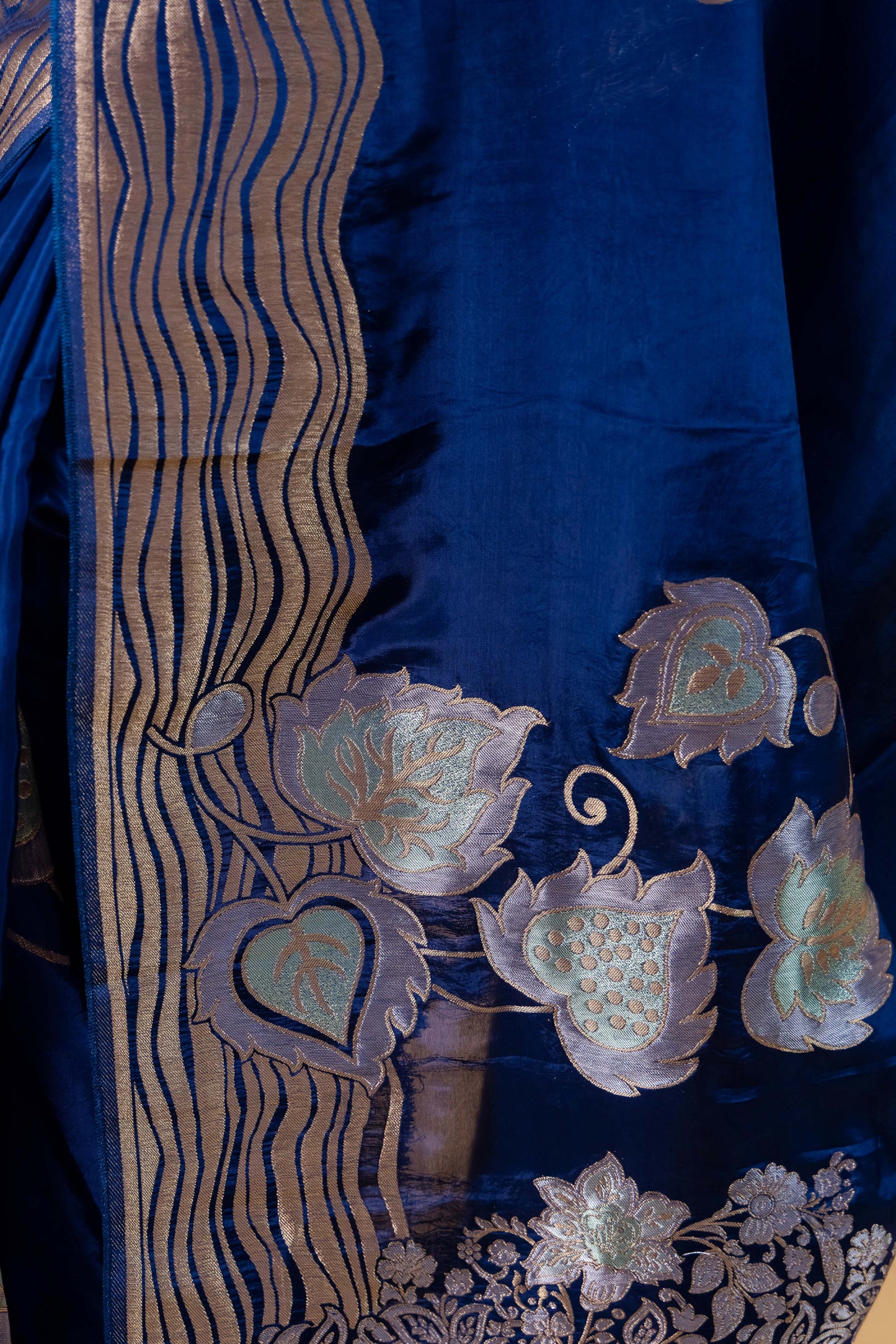 German Blue Floral Weaving Silk Saree