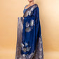German Blue Floral Weaving Silk Saree