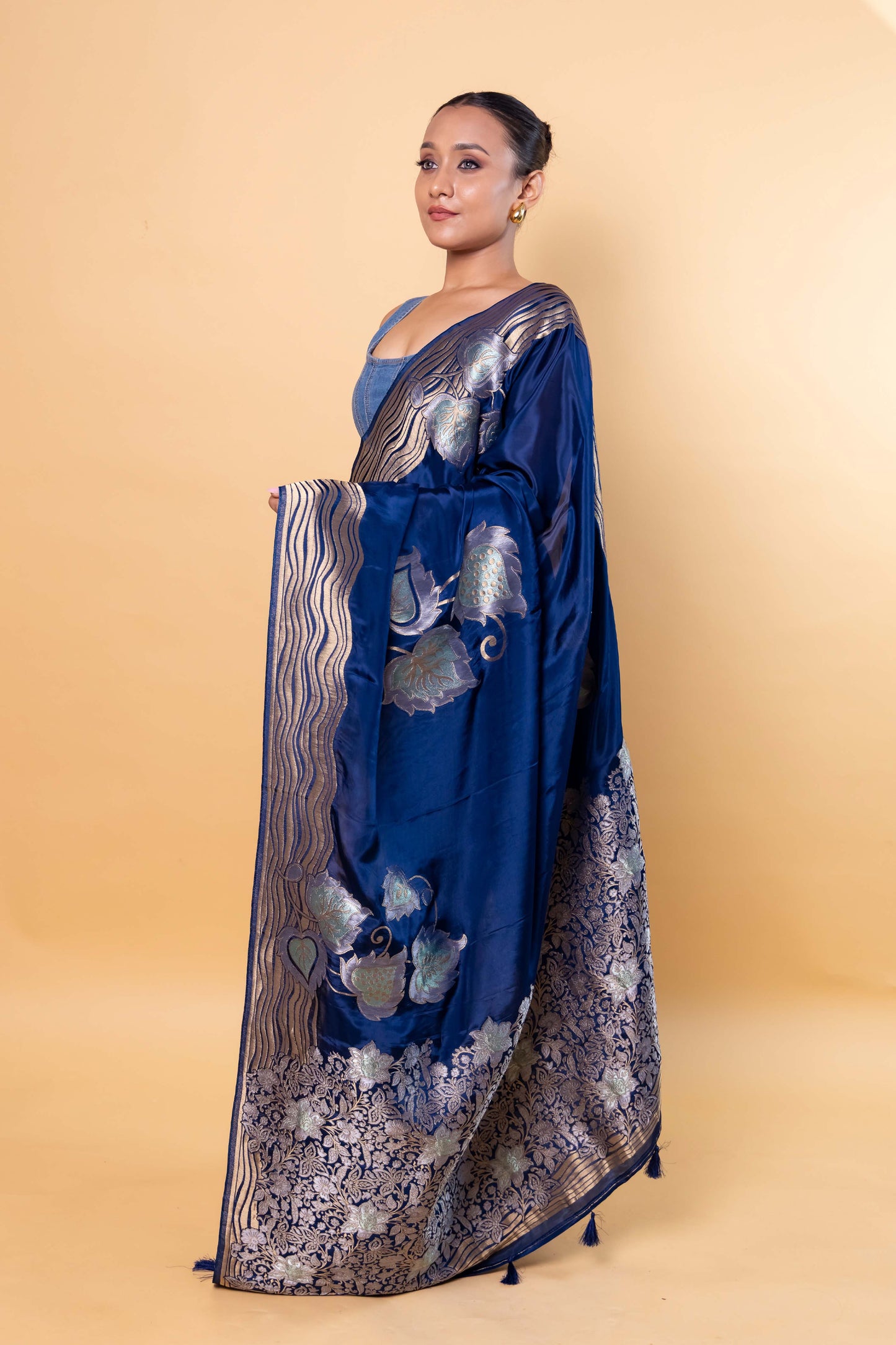 German Blue Floral Weaving Silk Saree