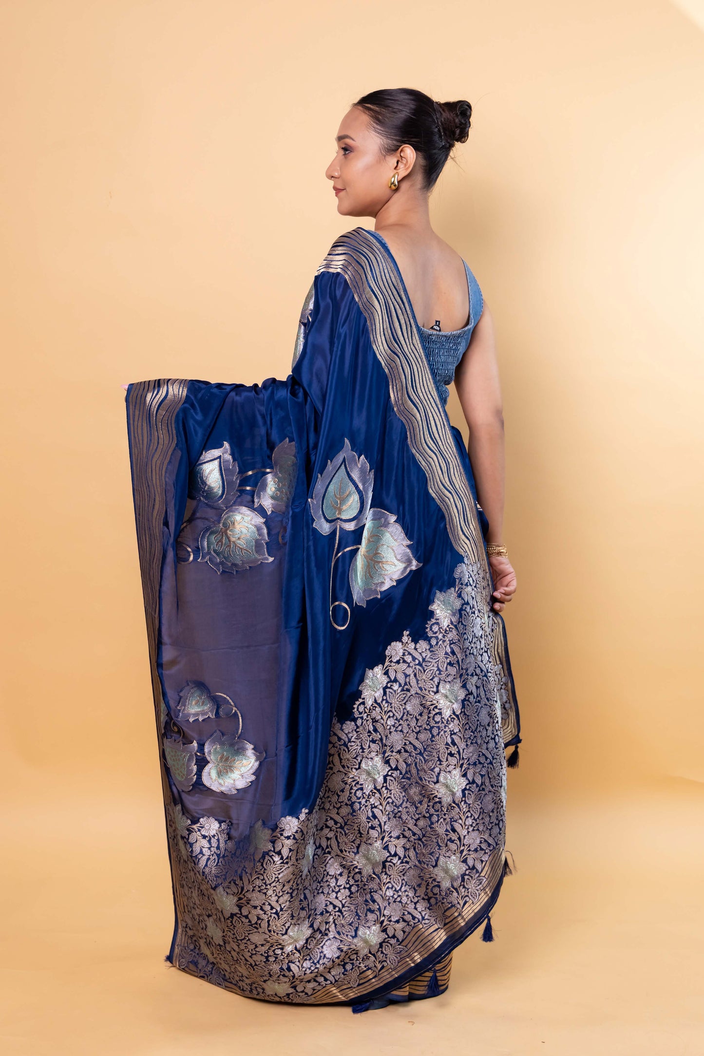 German Blue Floral Weaving Silk Saree