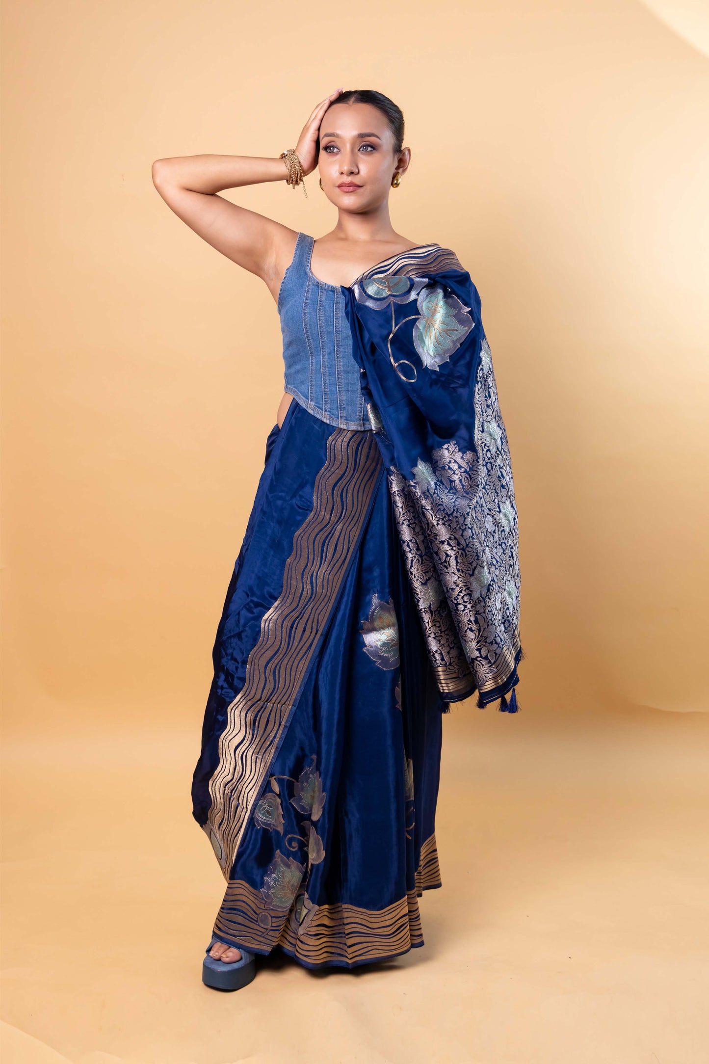 German Blue Floral Weaving Silk Saree