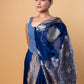 German Blue Floral Weaving Silk Saree