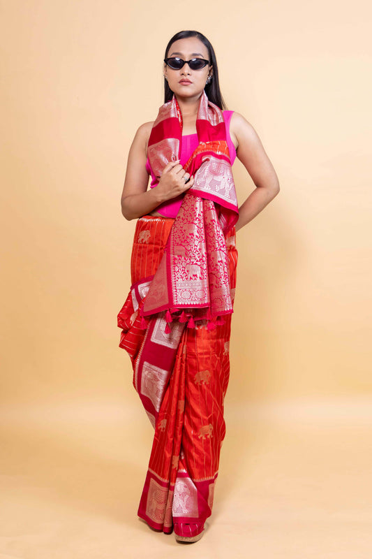 Orange & Rani Elephant Weaving Silk Saree