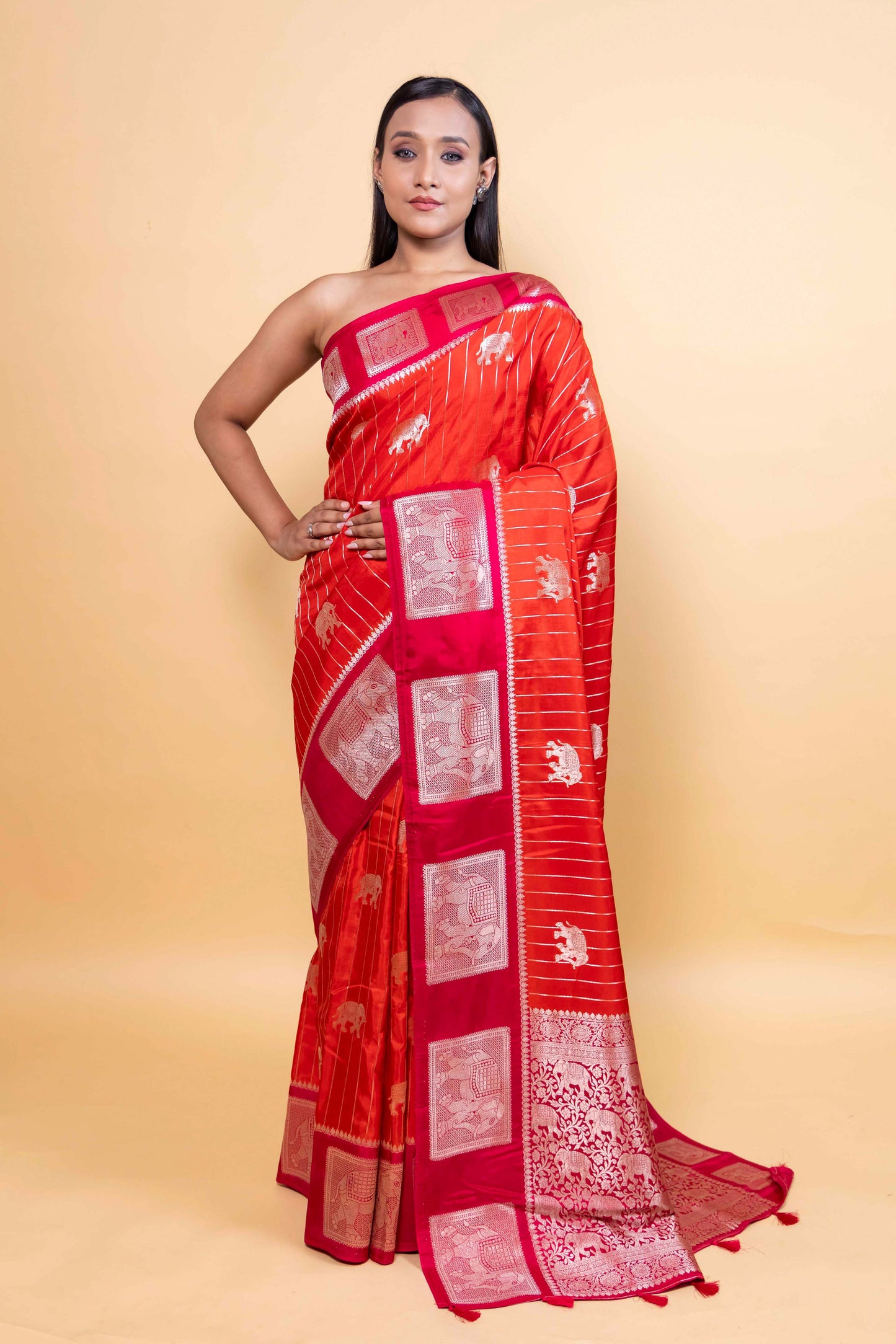 Orange & Rani Elephant Weaving Silk Saree