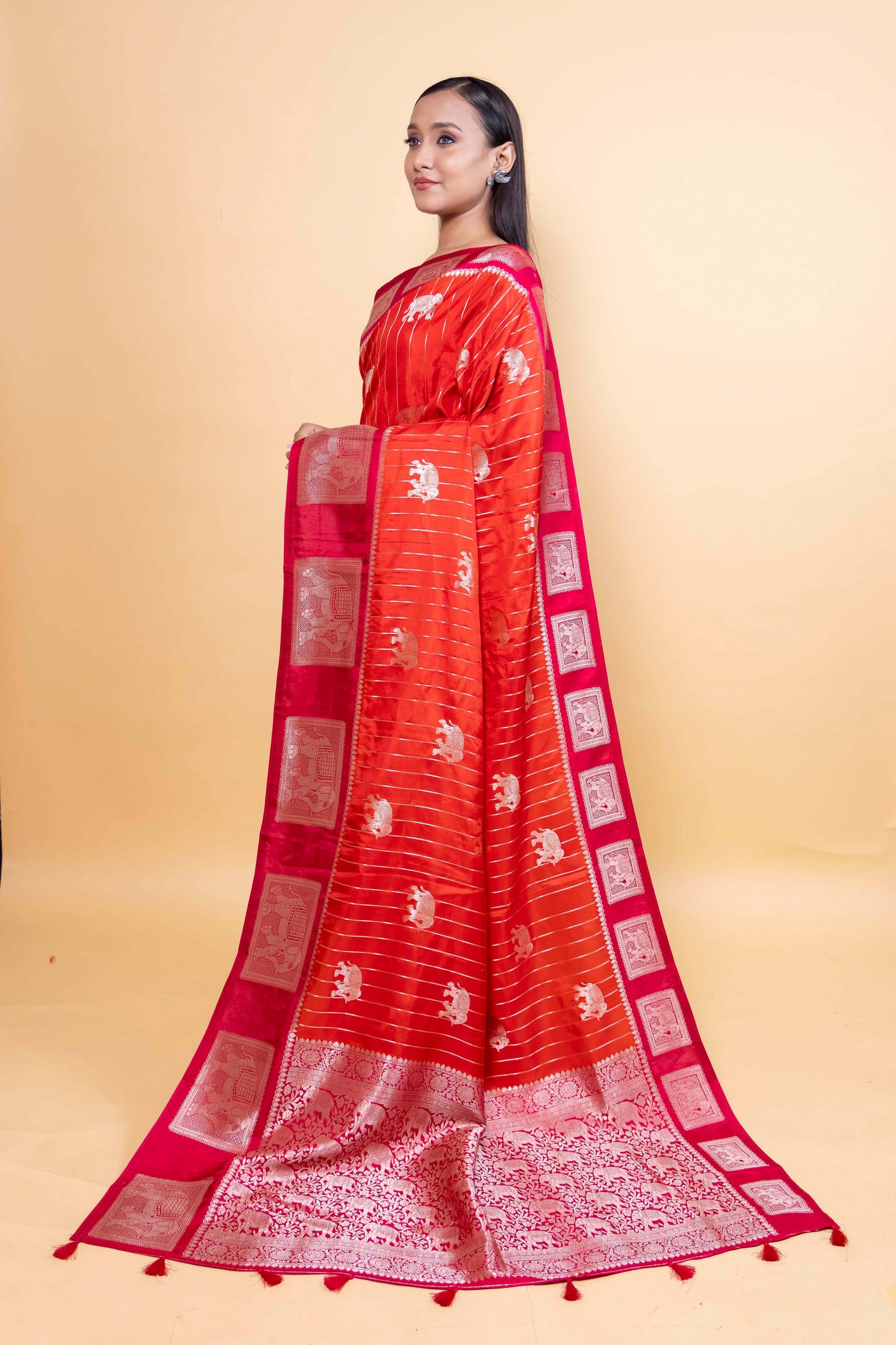 Orange & Rani Elephant Weaving Silk Saree