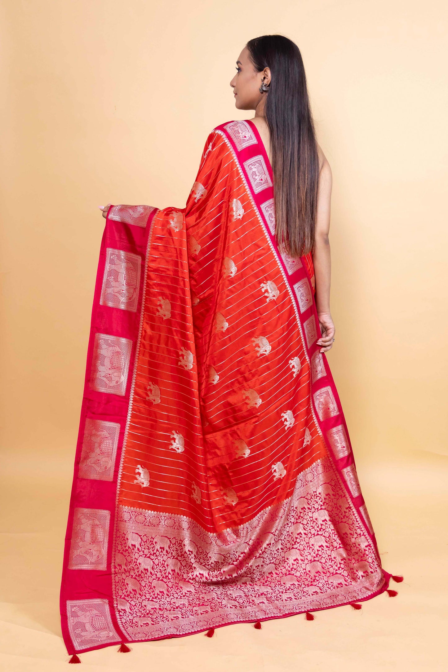 Orange & Rani Elephant Weaving Silk Saree